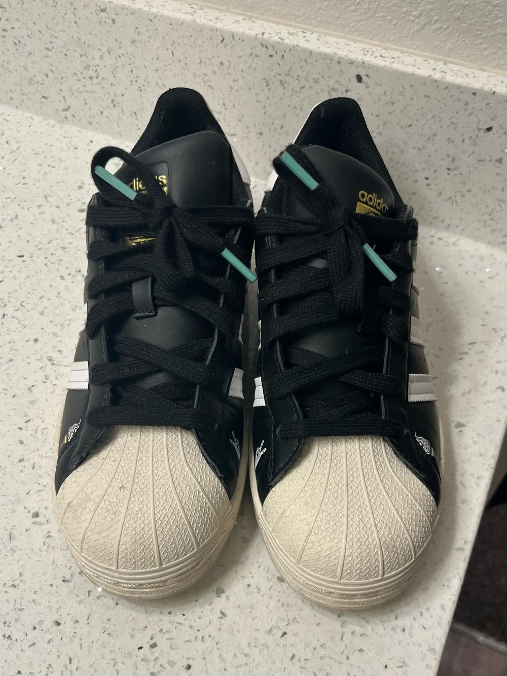 adidas Kids Black, White & Teal Superstar Sneakers